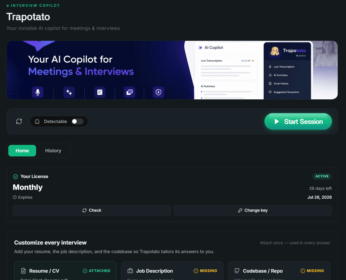 Trapotato dashboard — license status, the stealth Detectable toggle, Start Session, and interview setup